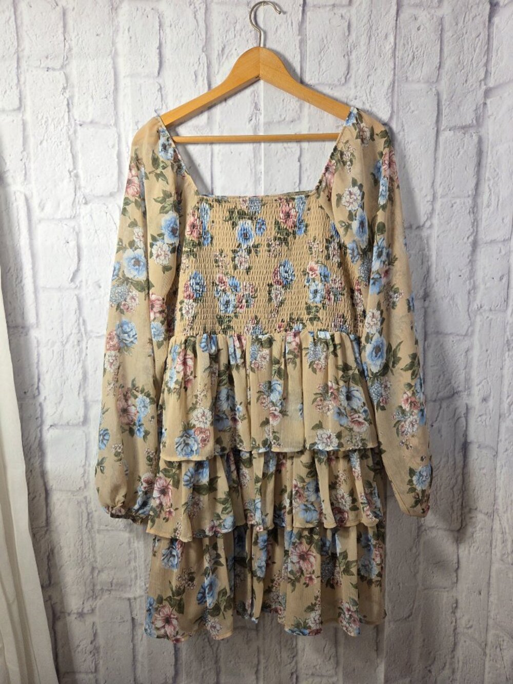 Madden NYC XL Beige Floral Smocked Mini Dress Peasant Boho Fairy Tiered Forest - Picture 6 of 9